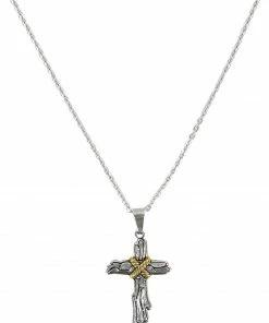 Moonshine Spirit® Roped Wood Cross Necklace For Men's Silver