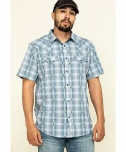 Moonshine Spirit Men's Cooler Cactus Plaid Short Sleeve Western Shirt Blue