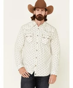 Moonshine Spirit Men's Commanche Chambray Geo Print Long Sleeve Snap Western Shirt  Ivory