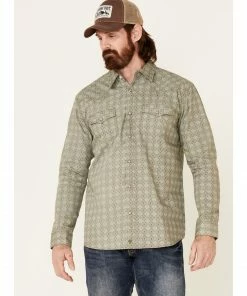 Moonshine Spirit Men's Sundial Geo Print Long Sleeve Snap Western Shirt  Forest Green