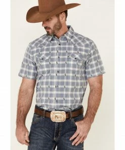 Moonshine Spirit Men's Cacti Med Plaid Short Sleeve Snap Western Shirt Navy
