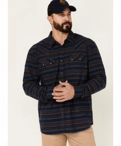 Moonshine Spirit Men's San Poncho Horizontal Stripe Long Sleeve Snap Western Flannel Shirt Blue
