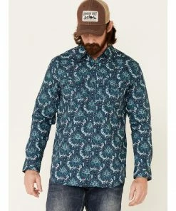 Moonshine Spirit Men's Hooligan Floral Print Long Sleeve Snap Western Shirt  Light Blue