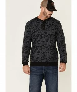 Moonshine Spirit Men's Alpha Bravo Camo Print Long Sleeve Henley T-Shirt Black