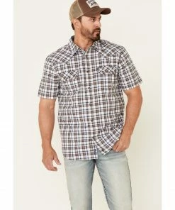 Moonshine Spirit Men's Fence Post Plaid Short Sleeve Snap Western Shirt White
