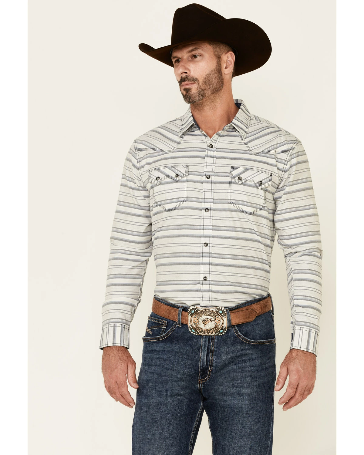 Moonshine Spirit Men's Line Dance Horizontal Stripe Long Sleeve Snap Western Shirt Grey 5 Moonshine Spirit Men's Line Dance Horizontal Stripe Long Sleeve Snap Western Shirt Grey - Image 5