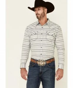 Moonshine Spirit Men's Line Dance Horizontal Stripe Long Sleeve Snap Western Shirt  Grey