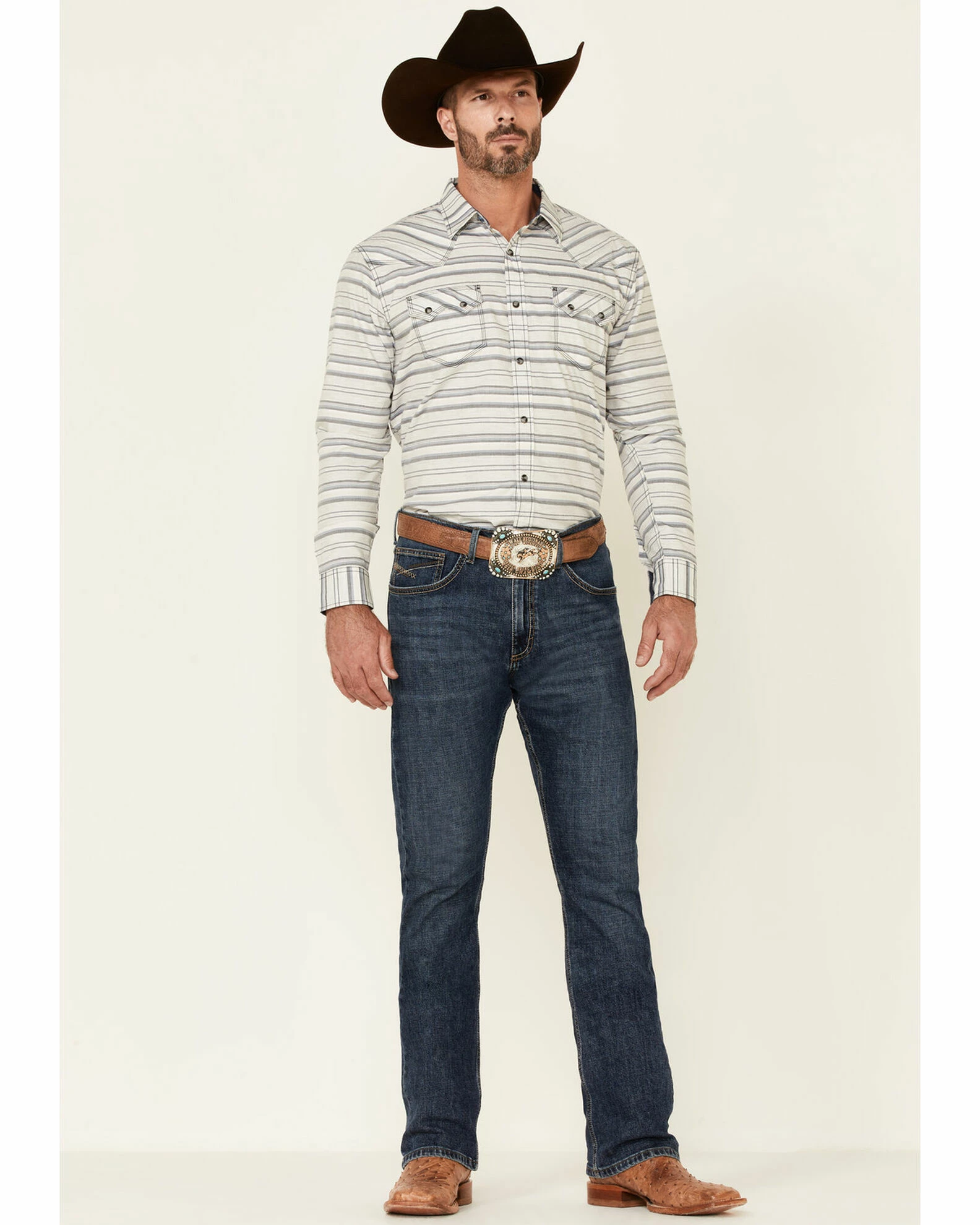 Moonshine Spirit Men's Line Dance Horizontal Stripe Long Sleeve Snap Western Shirt Grey 2 Moonshine Spirit Men's Line Dance Horizontal Stripe Long Sleeve Snap Western Shirt Grey - Image 2