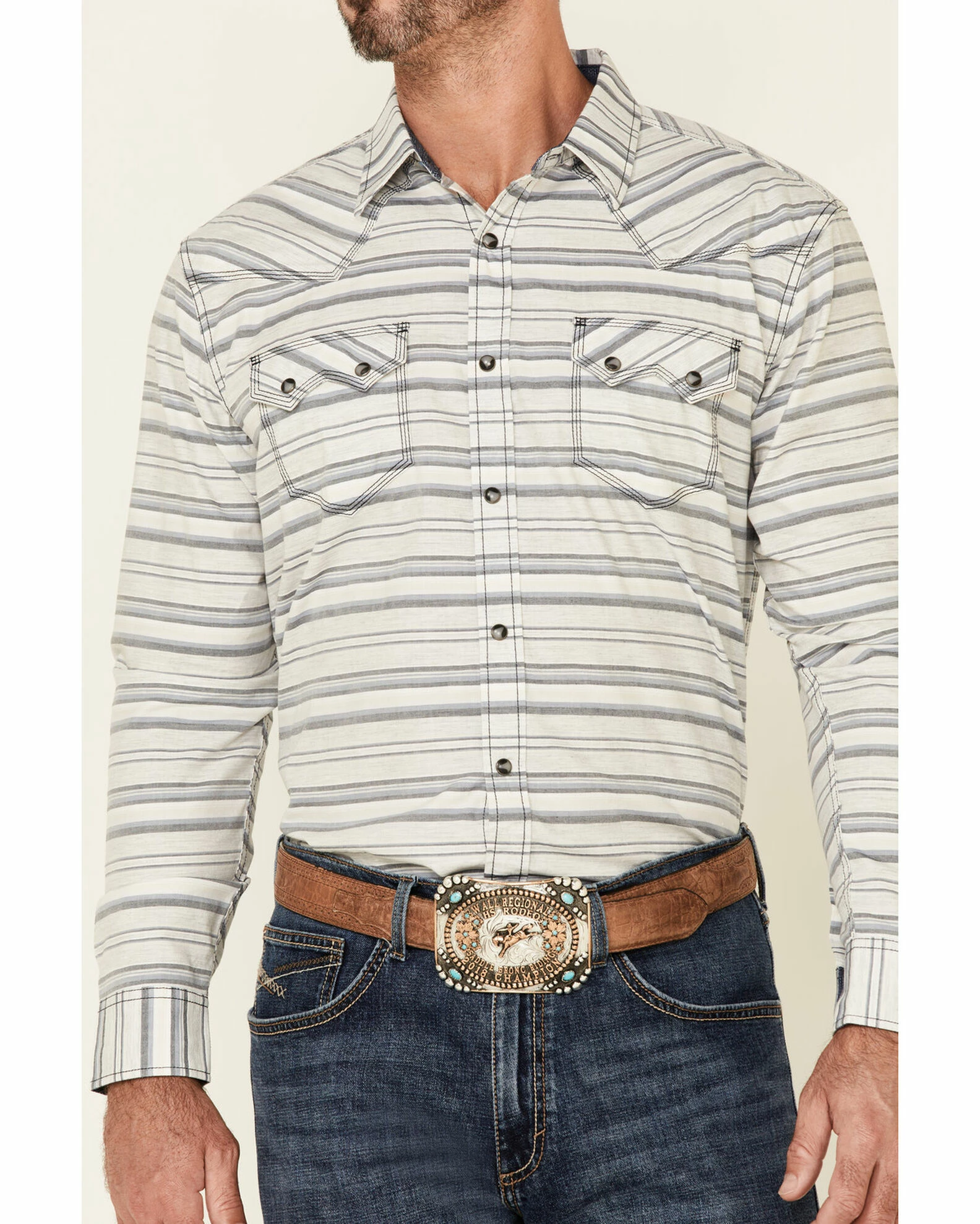 Moonshine Spirit Men's Line Dance Horizontal Stripe Long Sleeve Snap Western Shirt Grey 3 Moonshine Spirit Men's Line Dance Horizontal Stripe Long Sleeve Snap Western Shirt Grey - Image 3