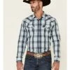 Moonshine Spirit Men's Plaid Long Sleeve Snap Western Shirt  Blue