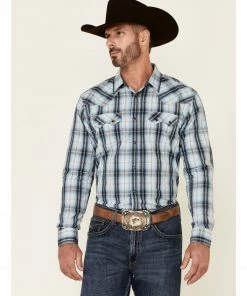 Moonshine Spirit Men's Plaid Long Sleeve Snap Western Shirt Blue