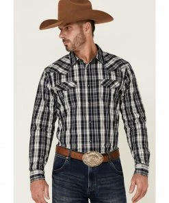 Moonshine Spirit Men's San Antomio Large Plaid Long Sleeve Snap Western Shirt  Navy