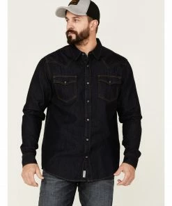 Moonshine Spirit Men's Dark Wash Retro Long Sleeve Snap Western Denim Shirt