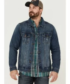 Moonshine Spirit Men's Dark Wash Button-Front Unlined Denim Trucker Jacket 