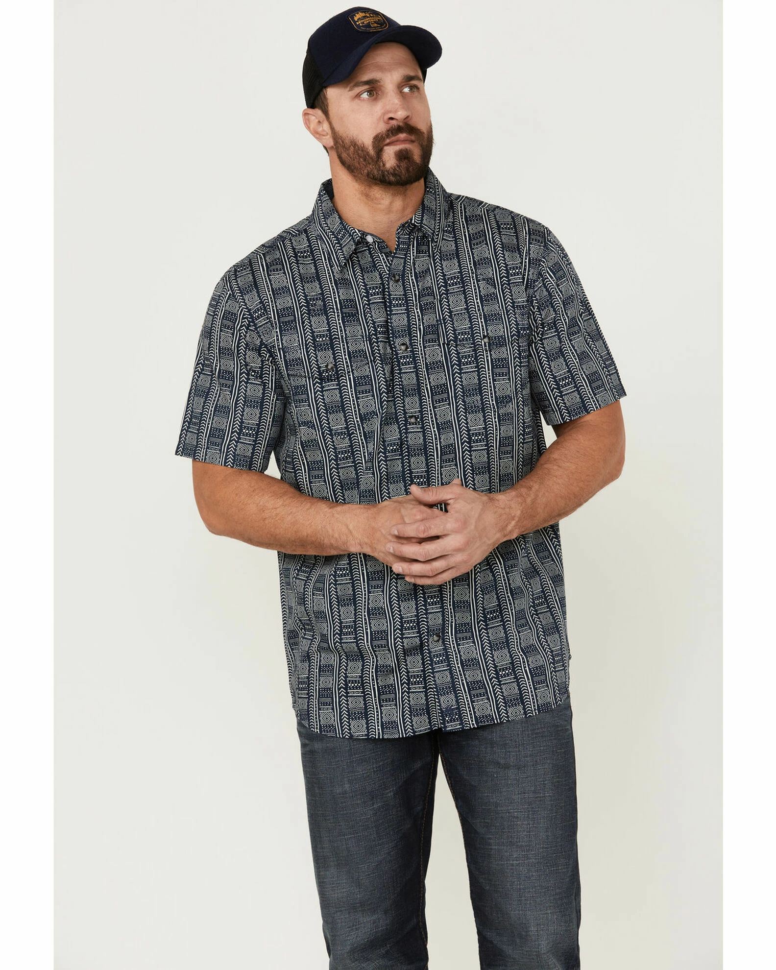 Moonshine Spirit Men's Tikki Pole Southwestern Stripe Short Sleeve Snap Western Shirt Navy 1 Moonshine Spirit Men's Tikki Pole Southwestern Stripe Short Sleeve Snap Western Shirt Navy