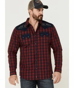 Moonshine Spirit Men's Jefferson Small Plaid Embroidered Long Sleeve Snap Western Shirt 