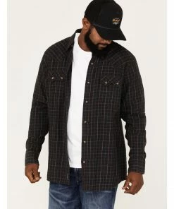 Moonshine Spirit Men's Cask Small Plaid Snap Western Flannel Shirt  Brown