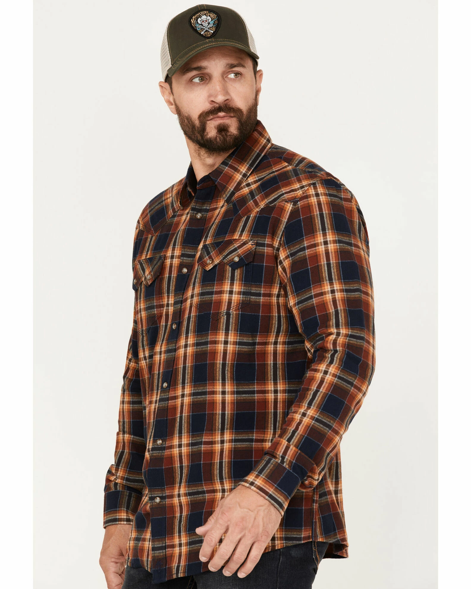 Moonshine Spirit Men's Rusted Still Plaid Snap Western Flannel Shirt Navy 2 Moonshine Spirit Men's Rusted Still Plaid Snap Western Flannel Shirt Navy - Image 2