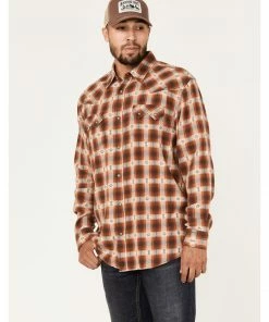 Moonshine Spirit Men's Trail Map Southwestern Plaid Snap Western Flannel Shirt  Cream