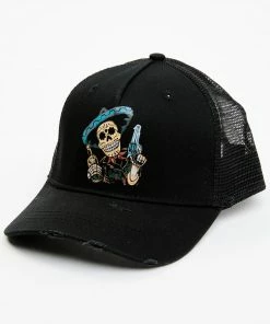 Moonshine Spirit Men's Distressed Whiskey Sombrero Skull Pistol Graphic Mesh Back Ball Cap Black