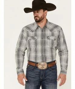 Moonshine Spirit Men's Tuning Fork Plaid Print Long Sleeve Snap Western Shirt White