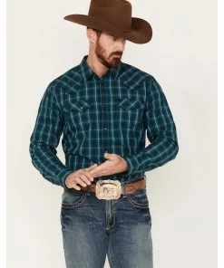 Moonshine Spirit Men's Bayou Plaid Print Long Sleeve Western Snap Shirt Teal